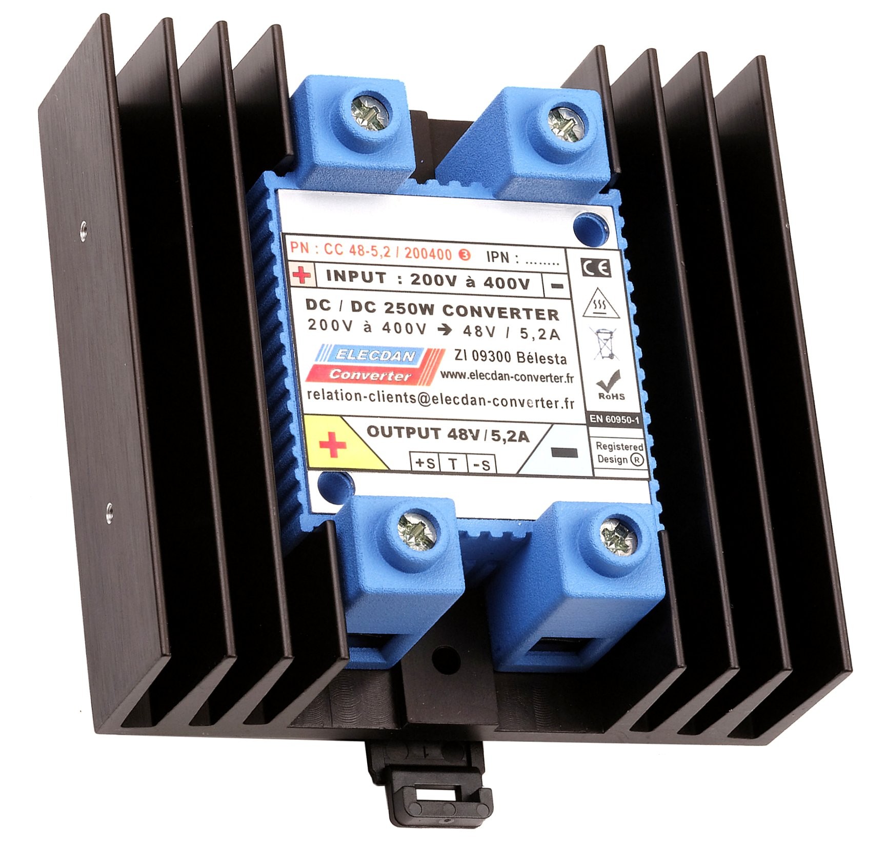 Convertisseur de tension 200W à trés large plage d'entrée18 à 75V et trés haut rendement, sortie 12V/17A
réf. CC 12-17A / 1875 3HR
Boîtier 3HR
montable sur paroi ou rail din
Longueur  : 112 mm
Largeur : 120 mm
Epaisseur : 37mm